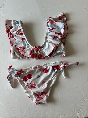 MonnaLisa White & Red Cherry Ruffle Two-Piece Swim Set